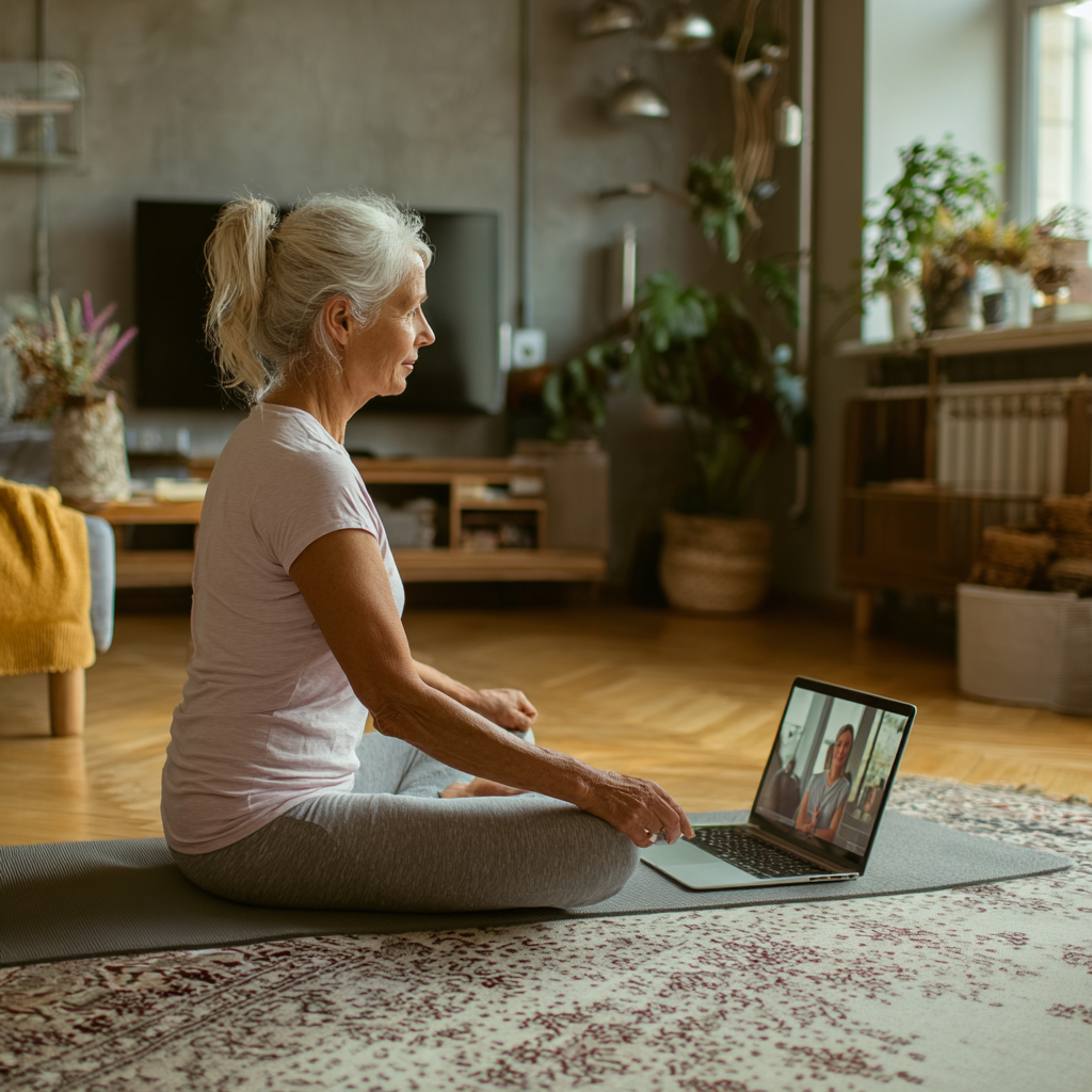 Жінка віком 60 років займається фітнесом онлайн вдома за ноутбуком з тренером, виконуючи вправи на килимку