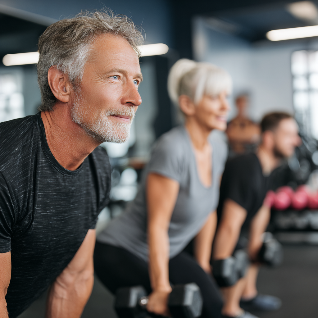 Група активних людей віком 50-60 років виконує силові вправи в сучасному фітнес-залі з професійним тренером
