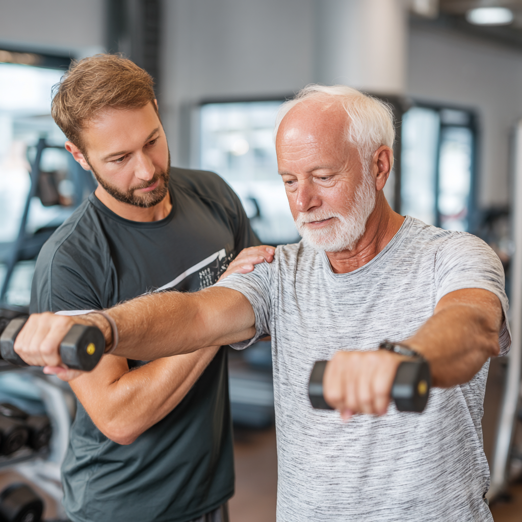 Професійний тренер працює індивідуально з чоловіком віком 55 років в фітнес-залі, демонструючи правильну техніку виконання вправ