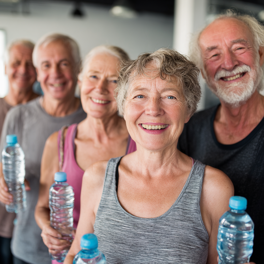 Група людей віком 50-60 років після закінчення групового фітнес-заняття усміхаються та тримають пляшки з водою, демонструючи задоволення від тренування